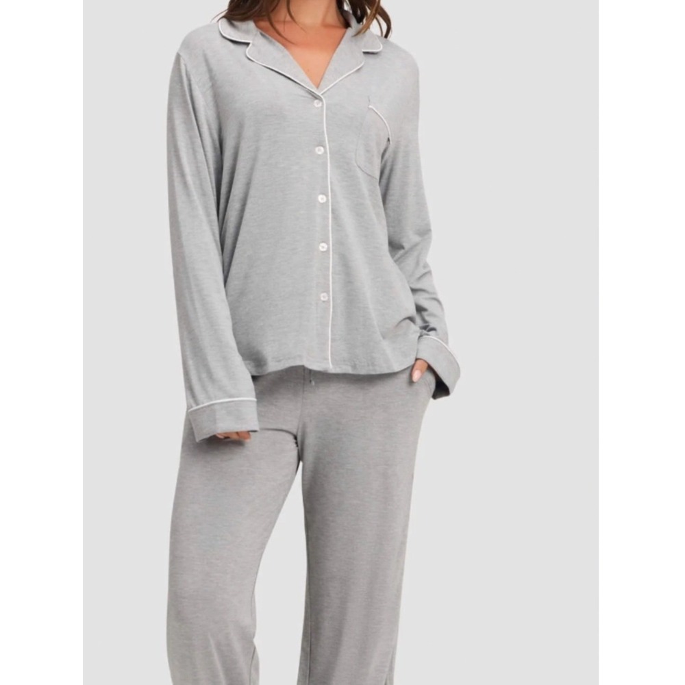 Cozy Earth Bamboo Pajamas Stretch-Knit Long Sleeve Set Gray Size Small